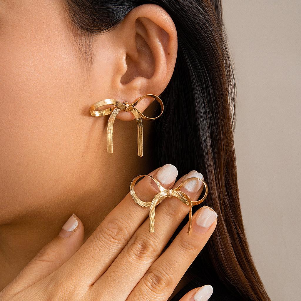 Gold Bow Earrings for Women Classic Ribbon Bow Stud Earrings Cute Statement Jewelry