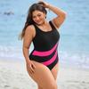 European American Style Color Block One-Piece Sports Swimsuit with Open Back
