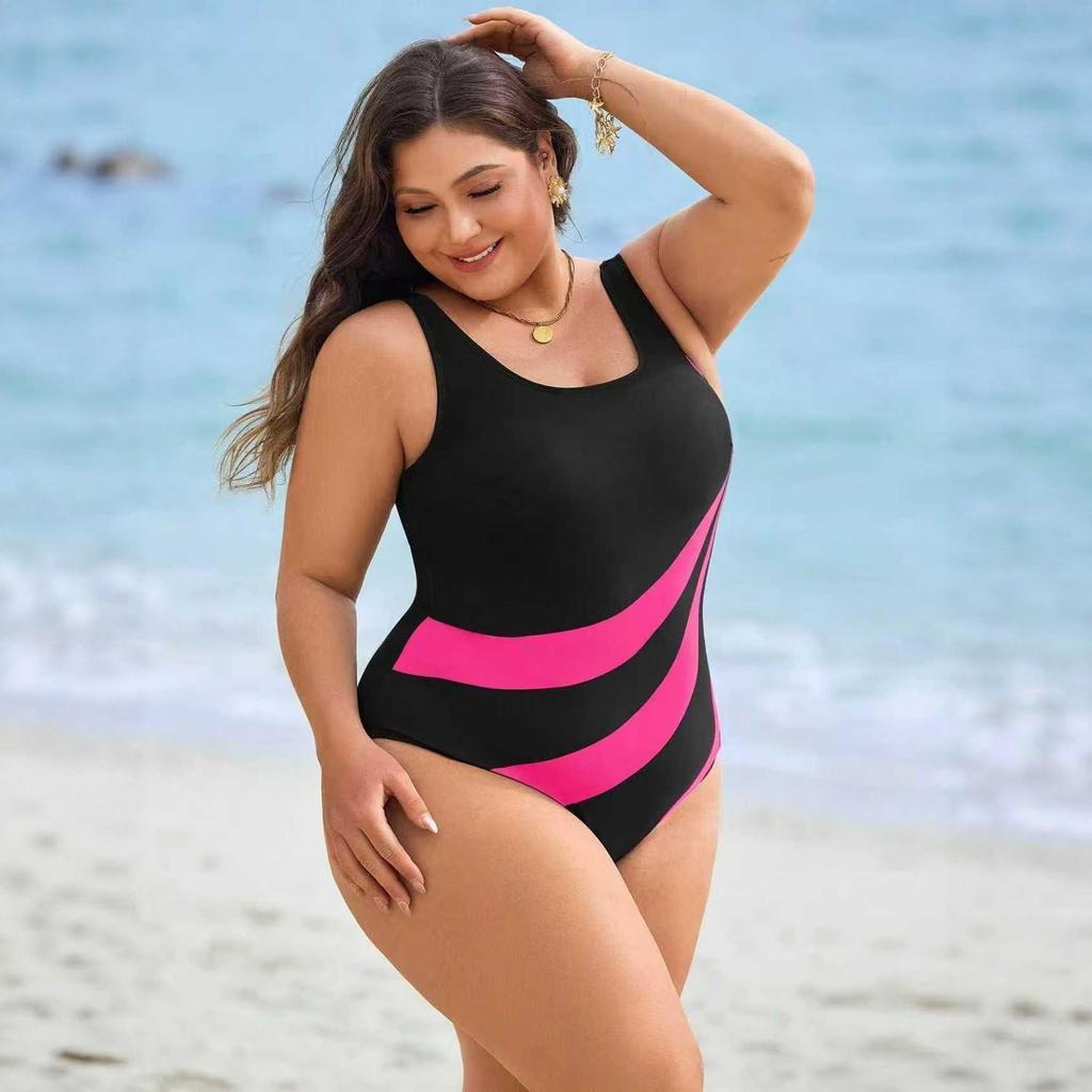 European American Style Color Block One-Piece Sports Swimsuit with Open Back