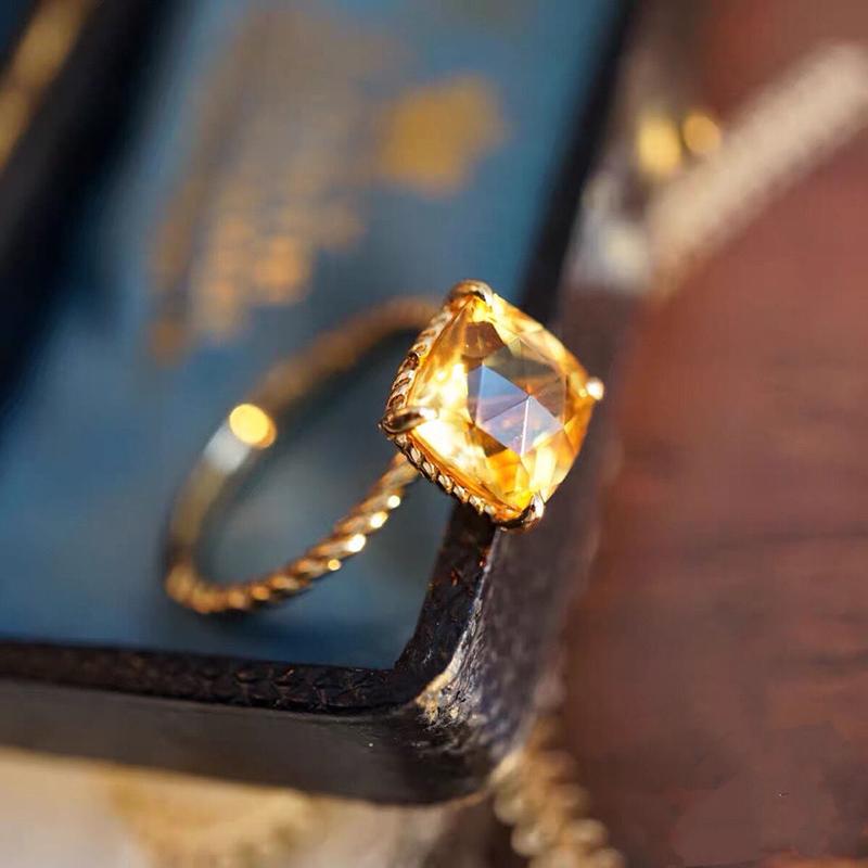 Three-Dimensional Design  Inlaid Citrine Square Adjustable Ring Shines Luxury Women'S Jewelry Party Accessories
