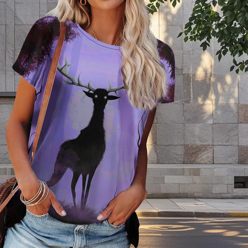 Women Summer T Shirt Fawn Print Retro Fashion Short Sleeve Tees Casual   Printed  Tops