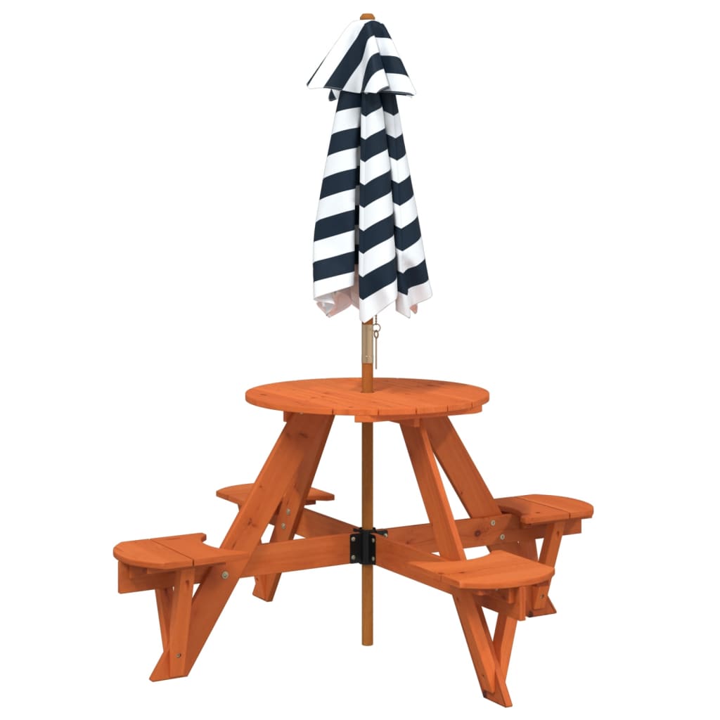 4 Child Picnic Table with Sun Umbrella Round Pine Wood