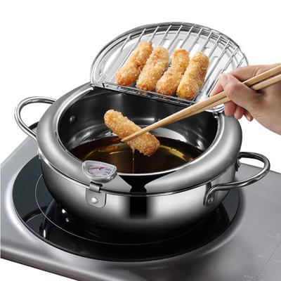 Küche Frittiertopf mit Thermometer und Deckel, Edelstahlpfannen, japanische Tempura-Fritteuse, Brathähnchentopf, Kochutensilien