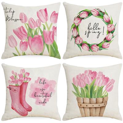 Pink Tulip Flowers Linen Print Pillowcase Spring and Summer Plant Flowers Sofa Pillow Bedside Pillowcase