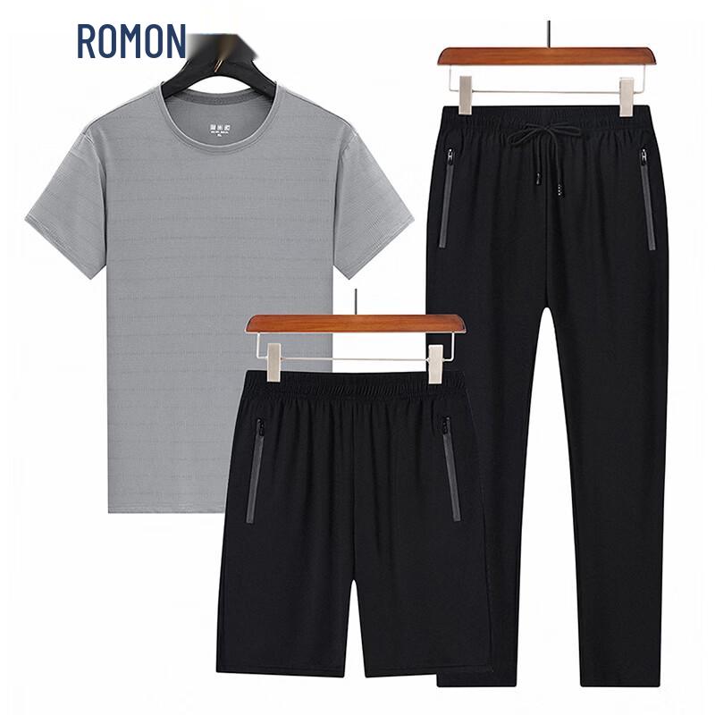 ROMON Men's Ice Silk Short Sleeve Casual Sportswear 3-Piece Set