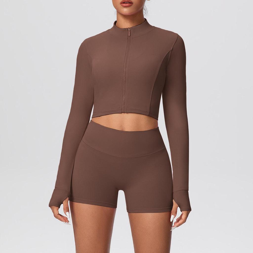 Women's High-Waisted Yoga Set: Short Zipper Jacket & Hip-Lifting Shorts