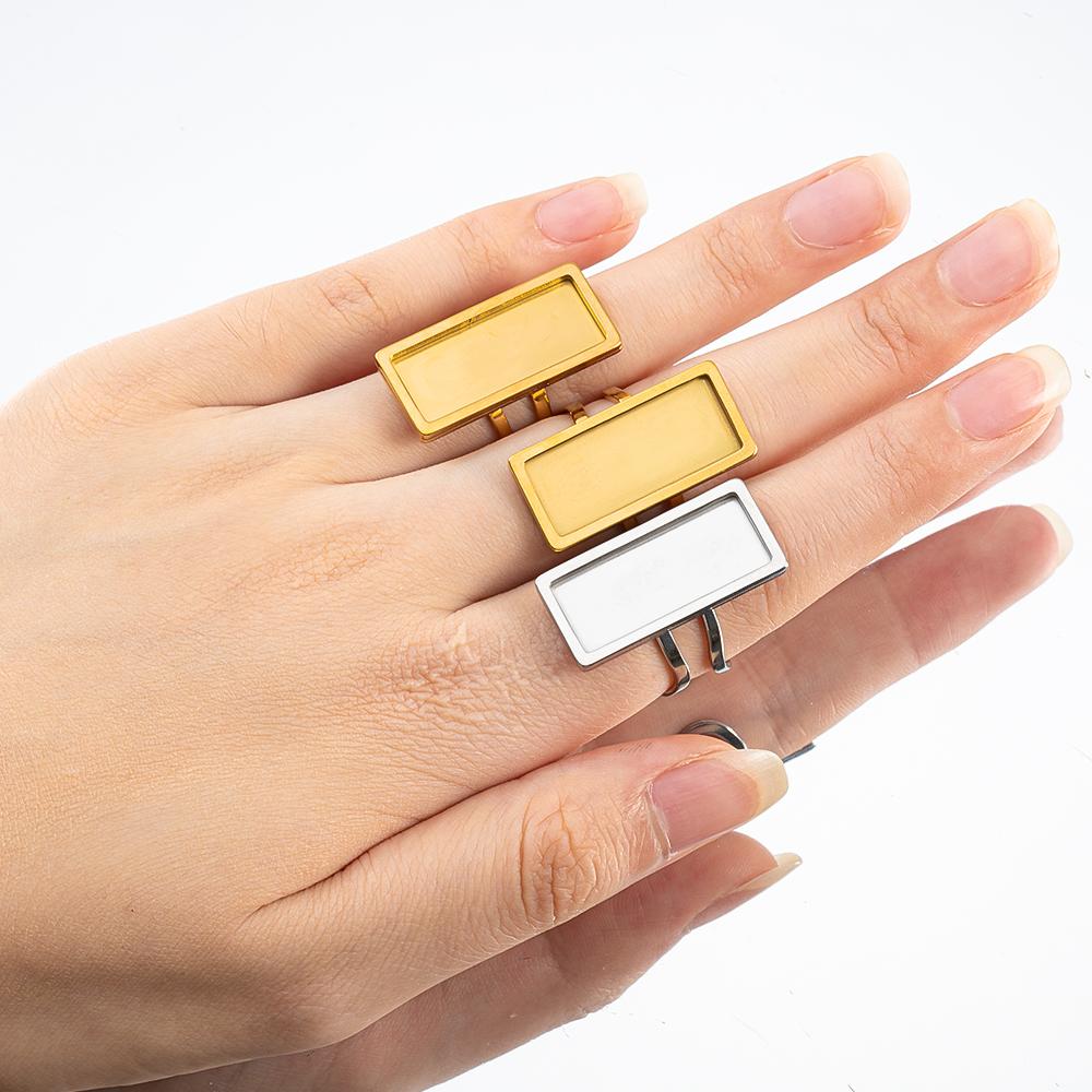 4pcs Stainless Steel Square Flat Blank Base Open Adjustable Rings Settings Round Oval Resin Cabochon Trayer Bezel Jewelry Making