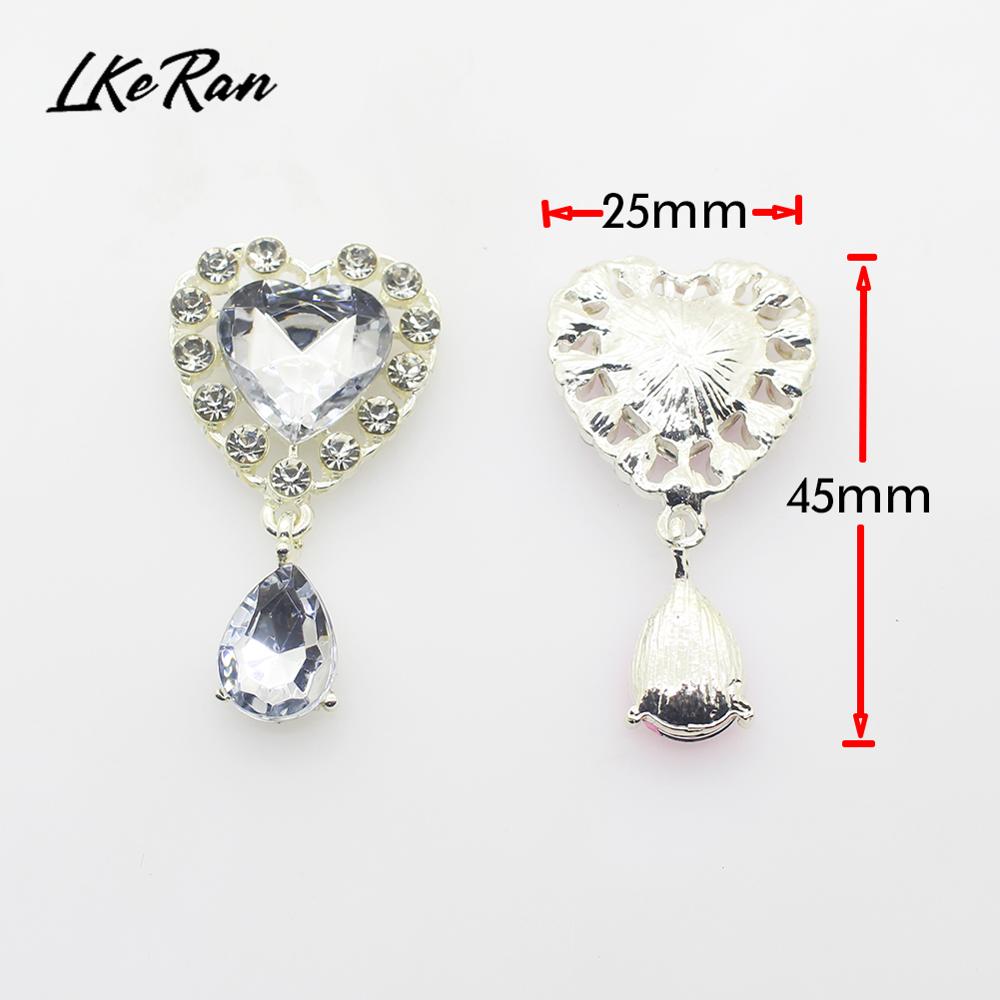 New 5Pcs 25mm*45mm Heart Acrylic Rhinestone Pendants Buttons For Wedding Decoration Metal Brooch Hair Bow DIY Jewelry Craft
