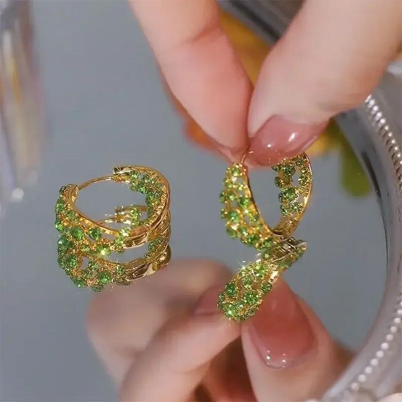 Lila Grün Zirkon Vollwasser Strass Kreis Creolen Für Frauen Retro Leichter Luxus Temperament Damen Schmuck Geschenke