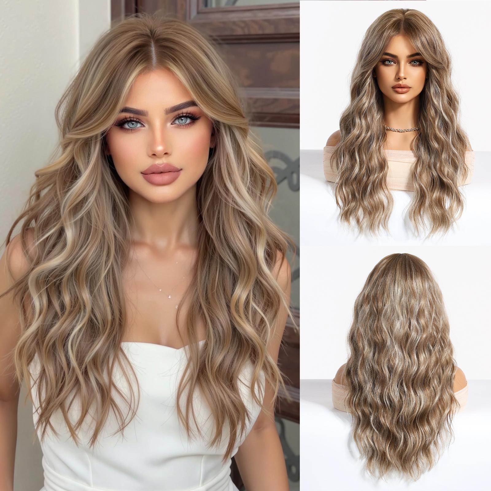 Platina 613 Blond Pruik Lang Golvend Synthetisch Pruik met Pony Krullend Gemengd Goud voor Vrouwen Cosplay Feest Dagelijks Gebruik Hittebestendig 1pc