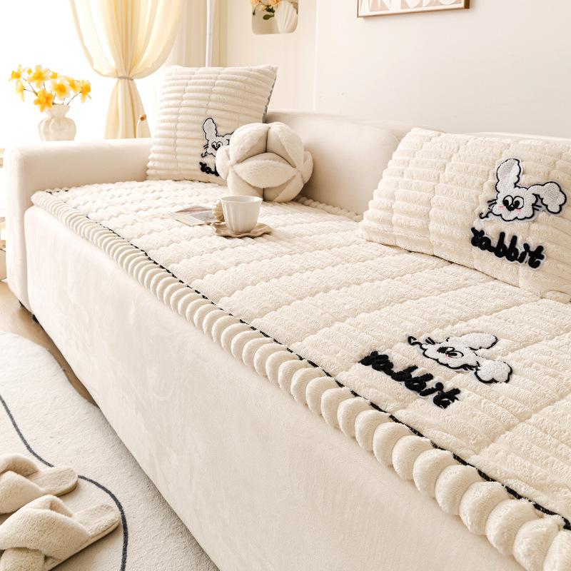New Thickened Warm Sofa Cover Cloth Fixed Anti Slip Straight Row Sofa Cushion Cover For Autumn And Winter Season Cream Style