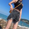 Genç Skinny Moda ve Çok Yönlü Denim Şort Kadın Bol Yazlık İnce Kesim Büyük Beden Yüksek Bel İnce A Kesim Geniş Paça Yırtık Pantolon