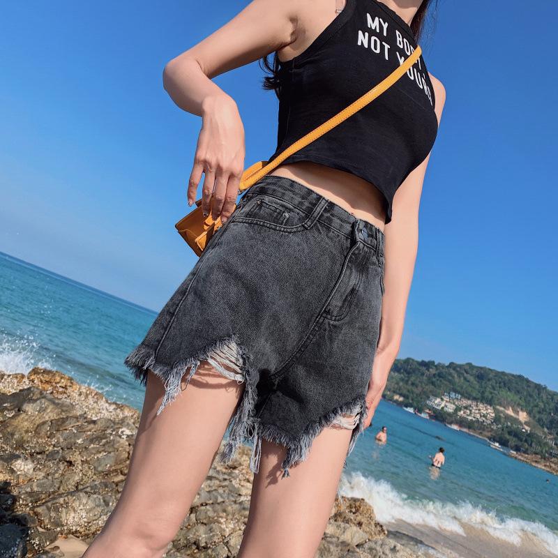 Genç Skinny Moda ve Çok Yönlü Denim Şort Kadın Bol Yazlık İnce Kesim Büyük Beden Yüksek Bel İnce A Kesim Geniş Paça Yırtık Pantolon