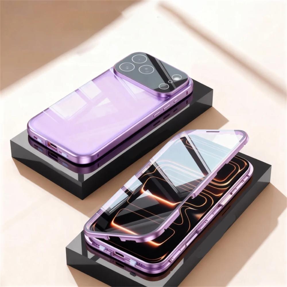 360 Full Protection Metal Magnetic Double-Sided Glass Snap Lock Phone Case For iPhone 17 Air 16 15 14 13 12 11 Pro Max Lens Protection Cover