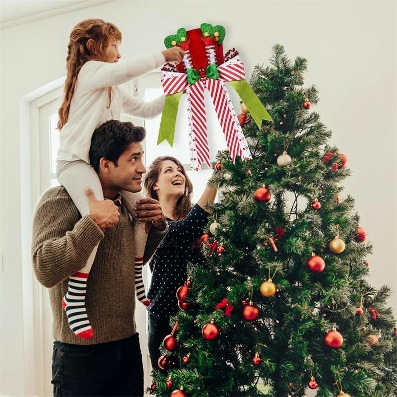 Christmas Tree Topper Hat with Red Green Foldable Bow Ribbon Vintage Holiday Home Decoration Durable Xmas Ornament with Red Bow