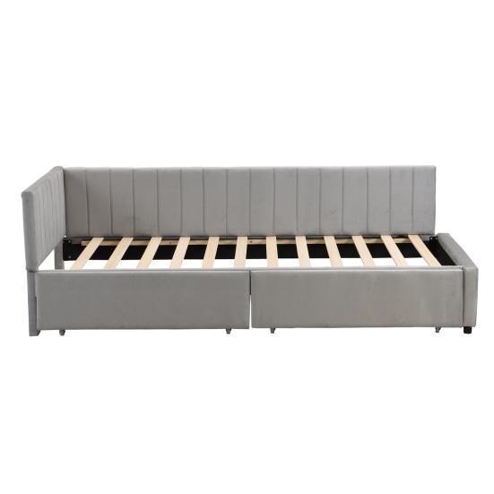 Adult Cot Velvet Upholstery Bed with 2 Drawers L-shaped Ergonomic Design Single Slatted Frame Backrest Strong Wood Slat Support Home Furniture