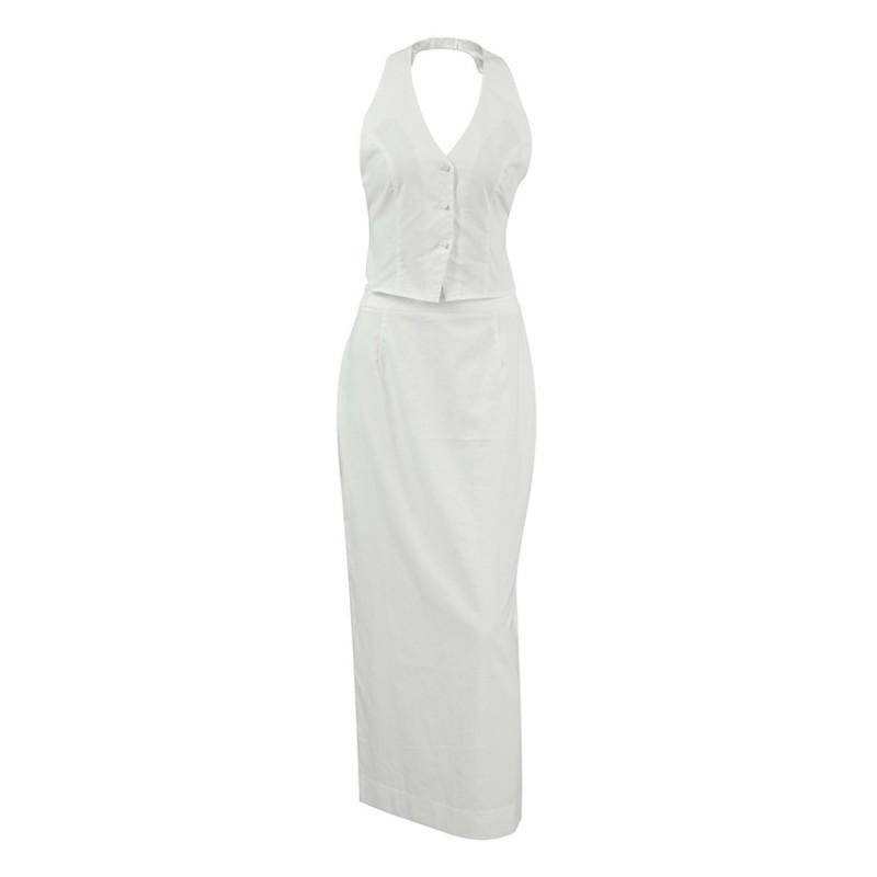 Womens Linen Cotton Halter Top Midi Dress Set White Sleeveless 2 Piece Old Money Style