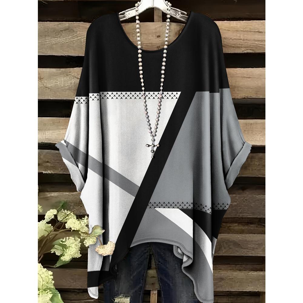 

Minimalist Striped Pattern Print Irregular Hem Round Neck Short Sleeved Top for Women Temperment Casual Style Outdoor Vacation 1XL