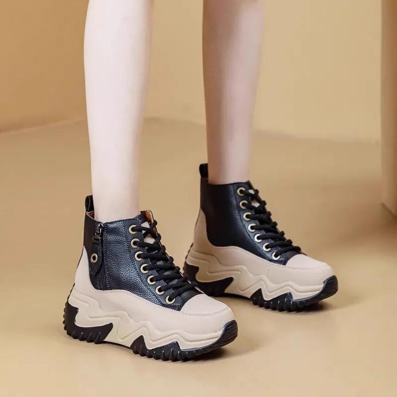 High-top Inner Heightening Women's Shoes, Wedge-heeled Short Boots, Casual Spring and Autumn Waterproof Non-slip Women's Boots