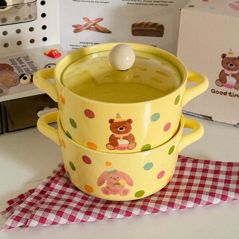 Cute Polka Dot Binaural Instant Noodle Bowl with Cover Student Dormitory Large Capacity Instant Noodle Bowl Personal Special Snail Powder Bowl