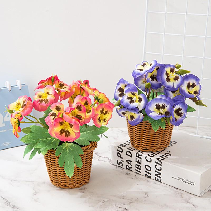 Artificial Pansy Flower Decorative Bouquet Small Home Ornament Silk Floral Arrangement Purple Orange 17cm