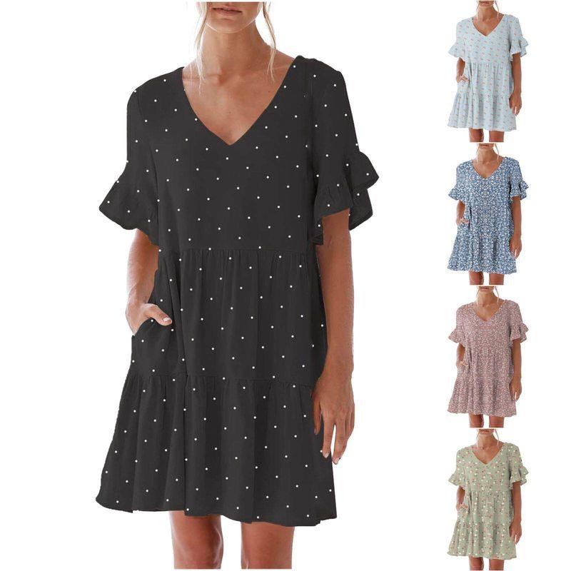 

Ruffled Short-Sleeve Slimming Dress Black Polka Dots M