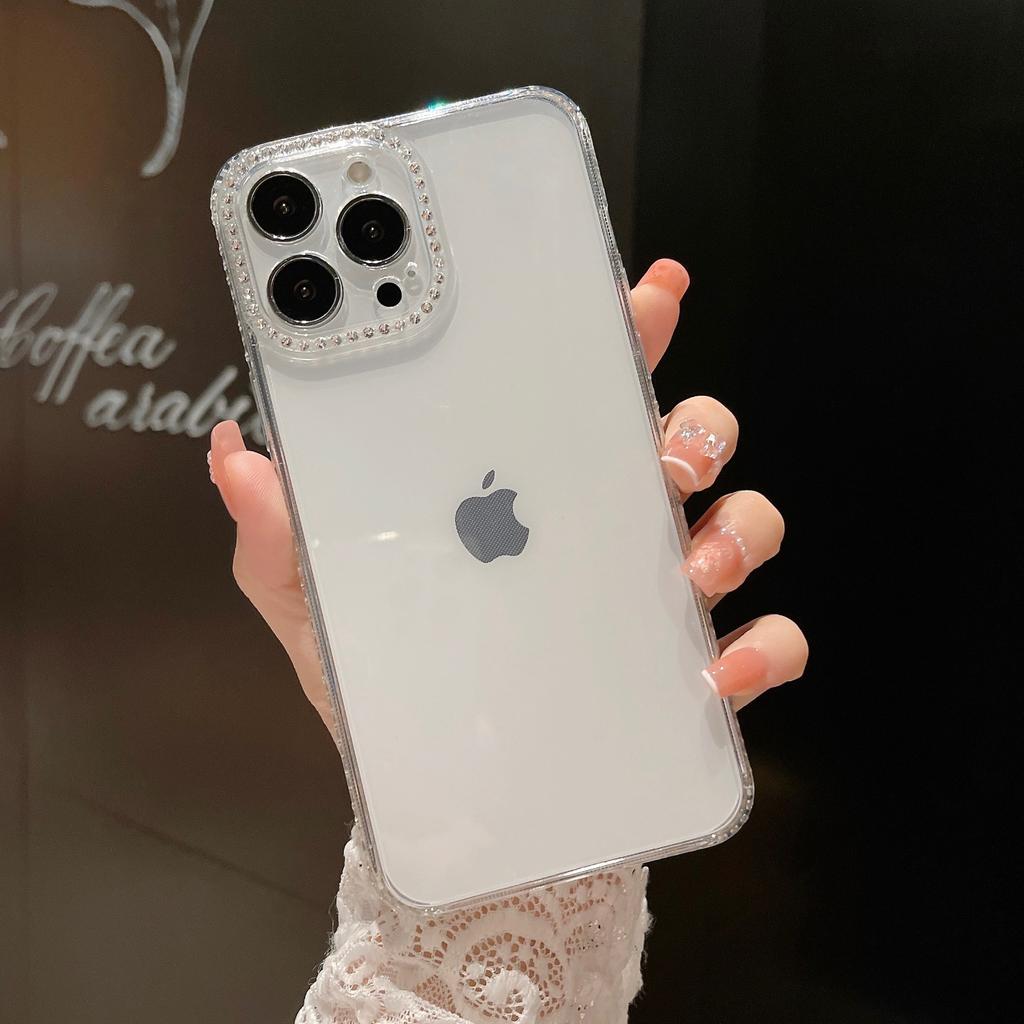 Suitable for IPhone16 Phone Case Electroplated with Full Diamond Lens, Creative Transparent TPU Soft Case 14 Protective Case for Apple 15