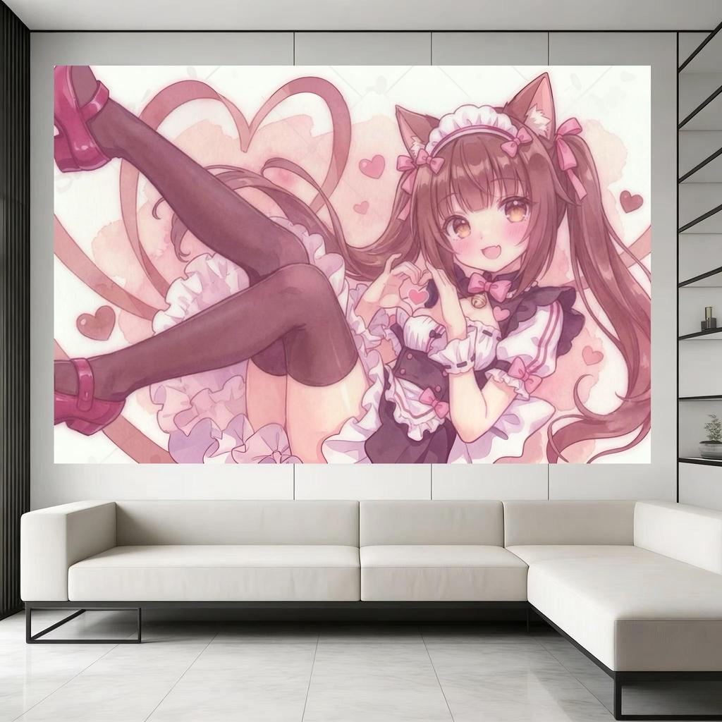 1pc N-Nekopara C-Chocola Maid Tapestry Heart Gesture Pink Bows Print Decor for Neko Anime Fans Bedroom Dorm Home