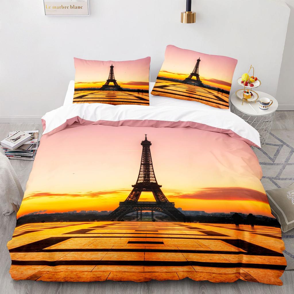 Paris Tower Pattern Duvet Cover, Cartoon City Architecture Bedding Set,Tower Quilt Cover for Kids Adults Bedroom Decoration