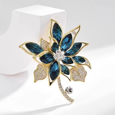 Blue Crystal Flower Brooch Brooch Pin Accessories High-End Exquisite Coat Accessories High-End Accessories Women