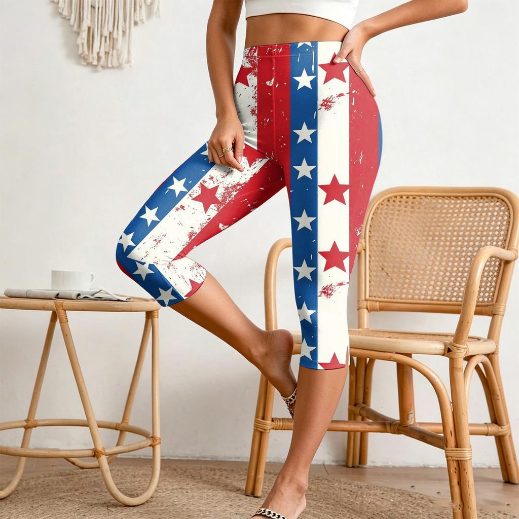Women’s Elastic Waist Casual Slim Fit Capri Pants with Split Hem Stretchy Printed Design Comfortable Lightweight Fabric