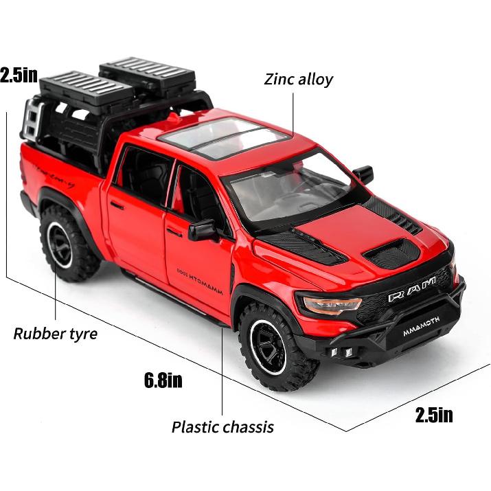 BDTCTK Dodge Ram Mammoth Pick-Up Truck Model Car, Zinc Alloy Pull Back Toy car with Sound and Light for Kids Boy Girl Gift(Red)