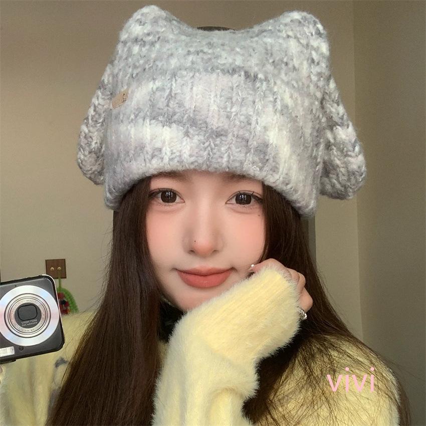 New mixed-color knitted wool hat women's winter warm temperament girl knitted hat cat ear knitted miscellaneous flower hat