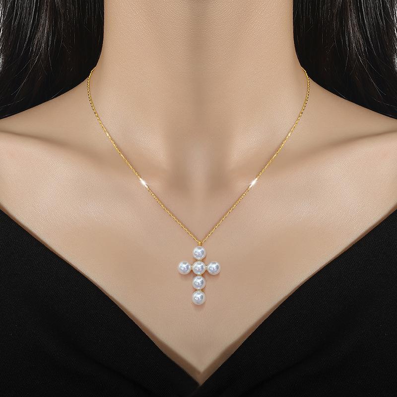 Pearl Cross Minimalist Wind Furnace Real Gold Necklace Female Collarbone Chain Accessories