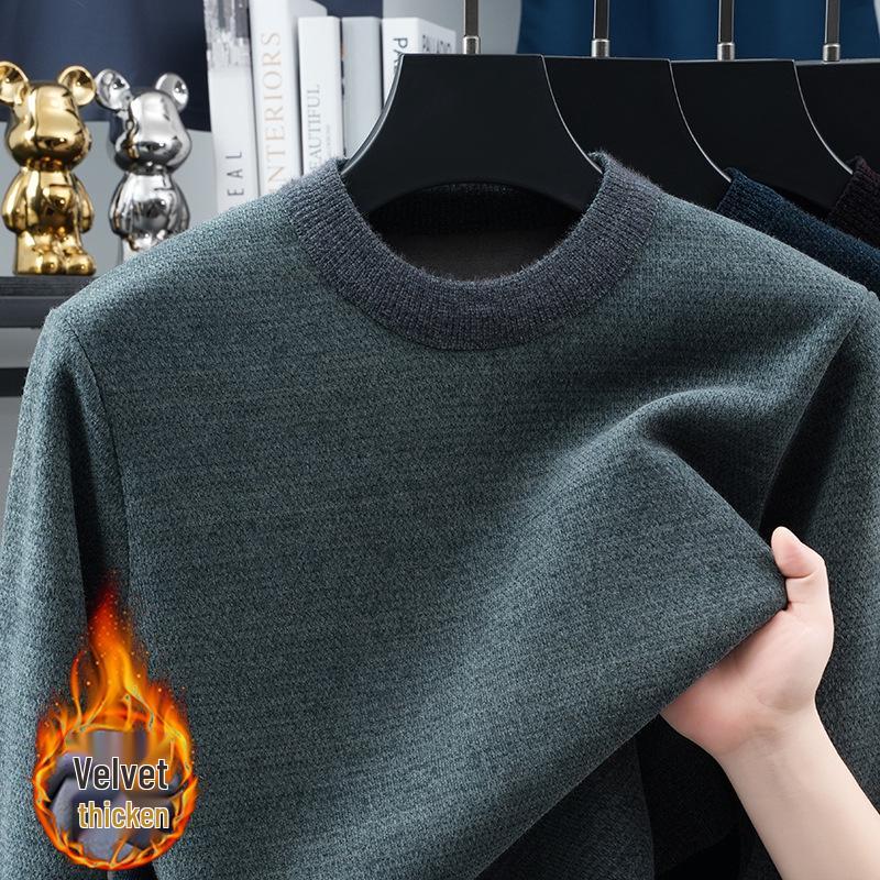 2025 Winter Men's High-End Fashion Knitted Sweater, Plus Velvet Thickened Long Sleeve Base Layer