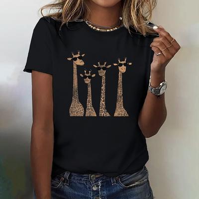 Women O-Neck T-Shirts Giraffe Print Casual Summer Pullover Loose Short Sleeves Oversized Tee Shirt Female Fashion Clothing S-4xl