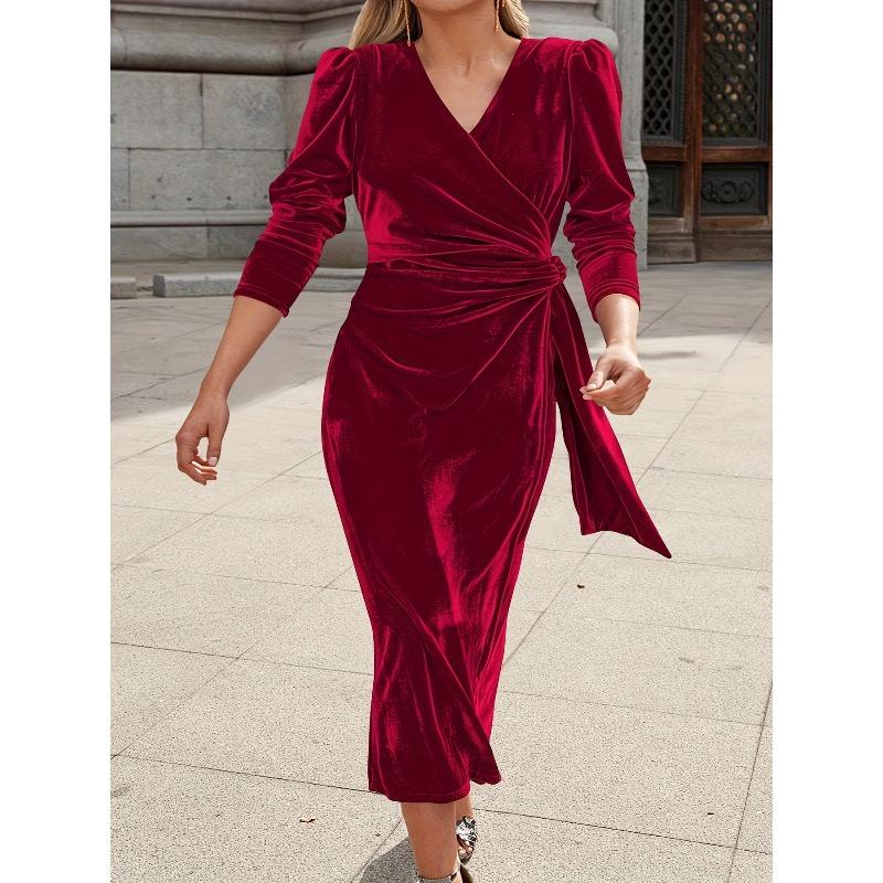 QICED Women's Fashion Summer Spring Solid Color Print V-Neck Long Sleeve Casual Dresses