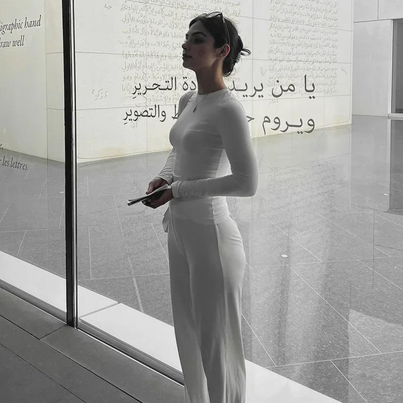 Y24ST593 Γυναικείο Μονόχρωμο Τοπ Μακρυμάνικο & Παντελόνι Ευρείας Γραμμής Κοστούμι για Φθινόπωρο - Ευρωπαϊκό & Αμερικάνικο Στυλ