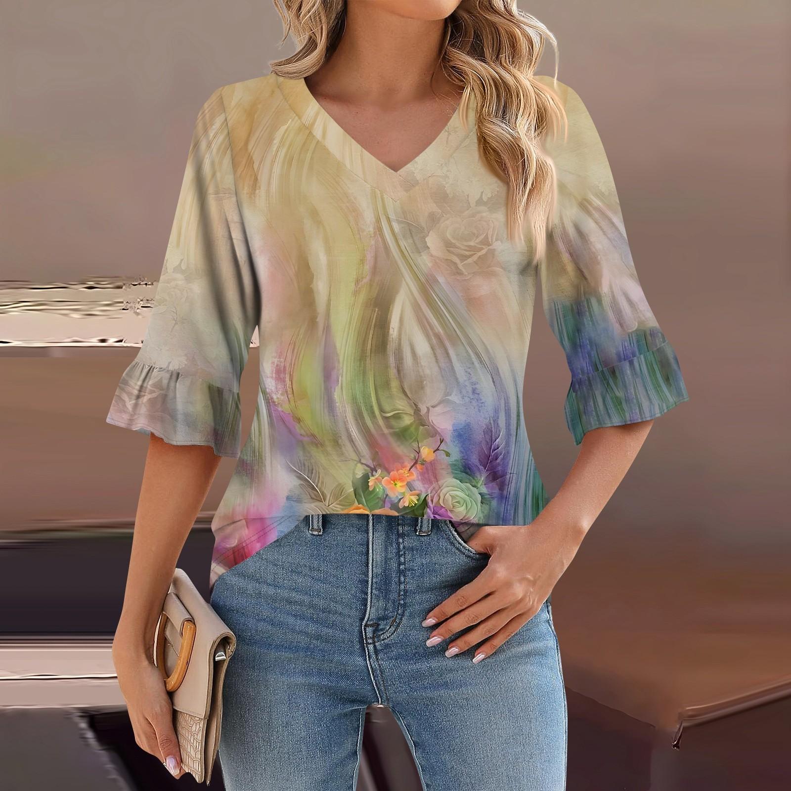 

Женские повседневные топы с рукавами 3/4, летние футболки с v-образным вырезом и пышными рукавами XXL золотой