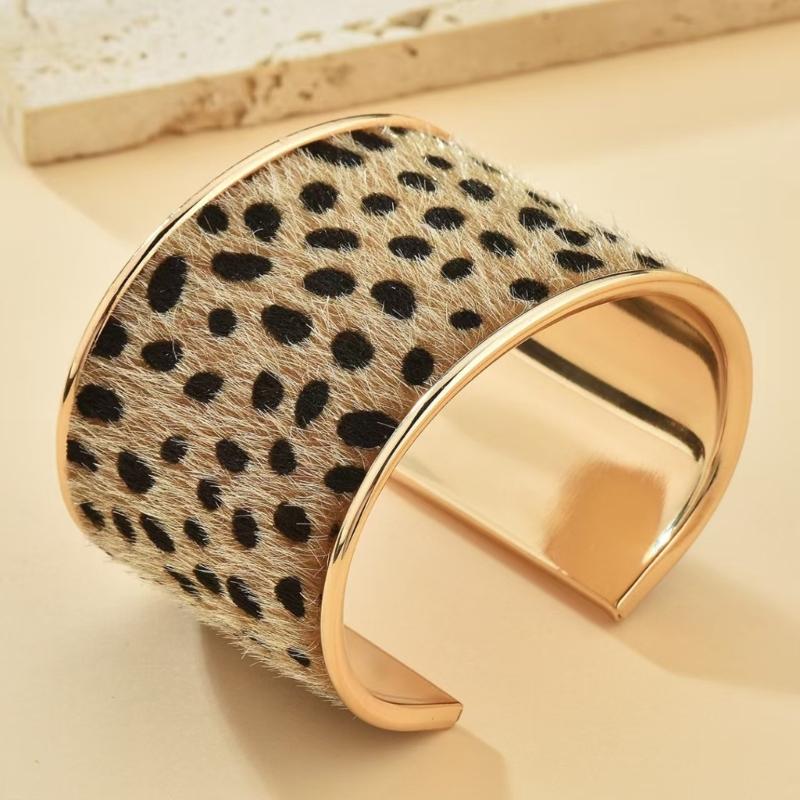 Adjustable Leopard Print Wide Cuff Bracelet Flocking Texture Wristband For Comfort Alloy Construction Stylish Wear