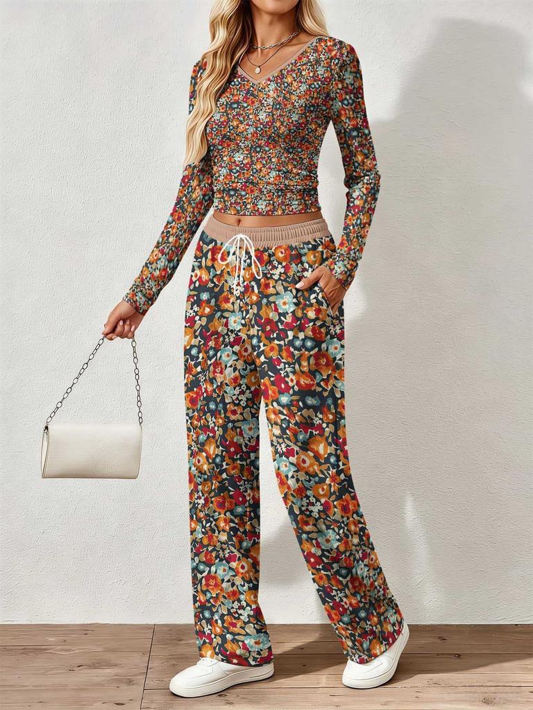 Spring and Autumn Ladies V-Neck Long Sleeve Pants Set Comfortable Casual Versatile Slim Two-piece Set