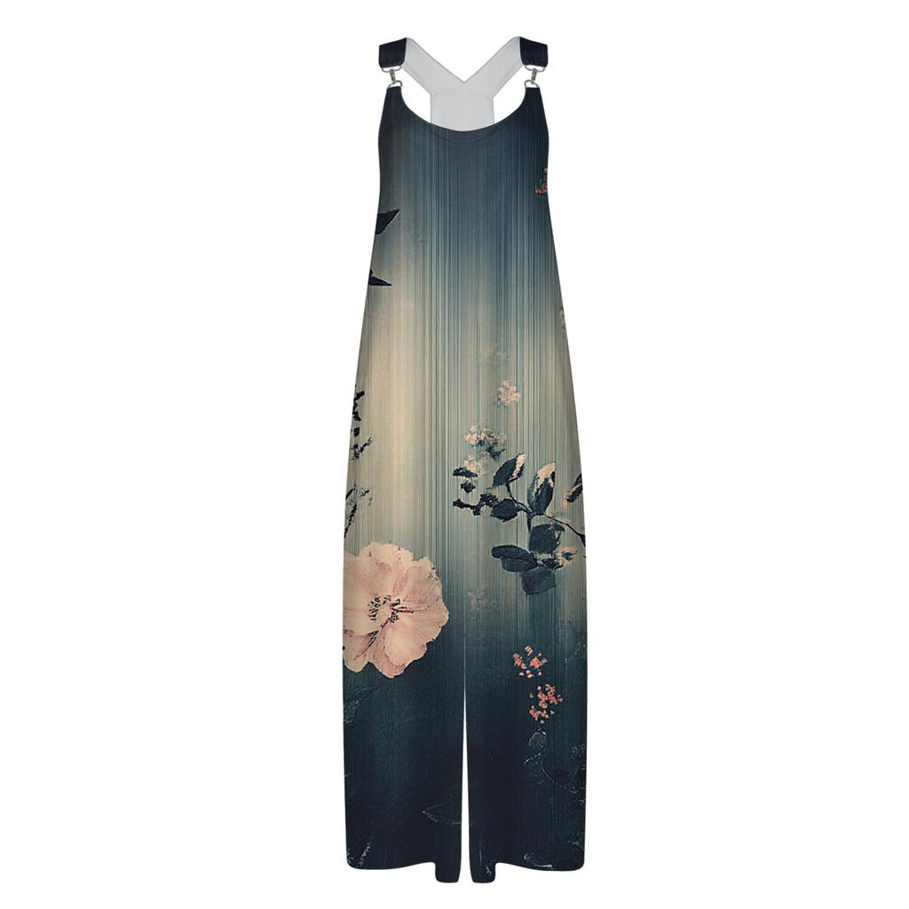 Women's Summer Strappy Pants Floral Print Vintage Jumpsuit ,Non-Adjustable Straps,