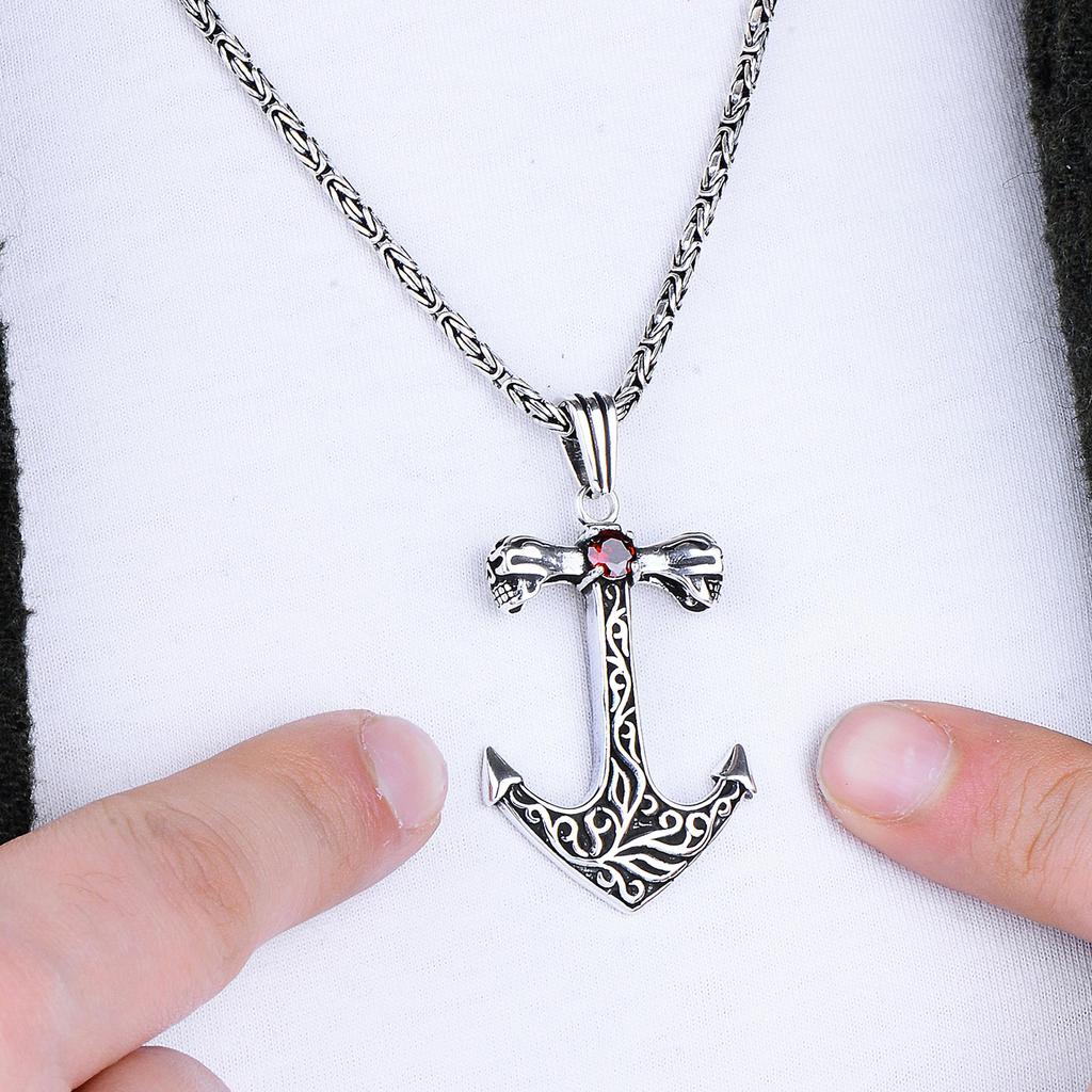 Men's 925K Silver Garnet Anchor Pendant Necklace, Byzantine Chain Necklace, Unique Turkish Jewelry,  Luxurious Stylish Men's Gift Idea