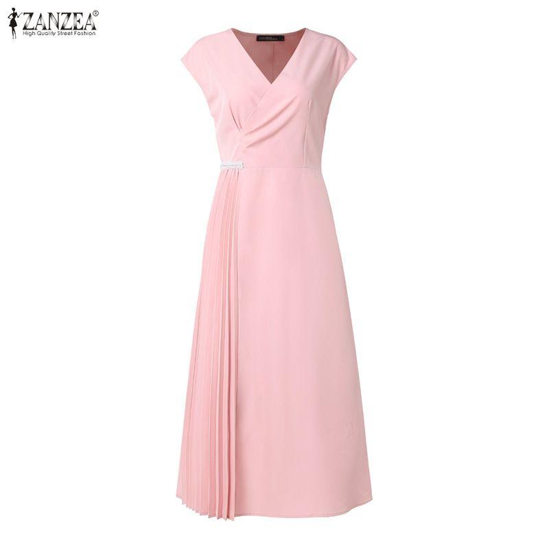 ZANZEA Women Elegant Casual V-Neck Solid Color Sleeveless Dress