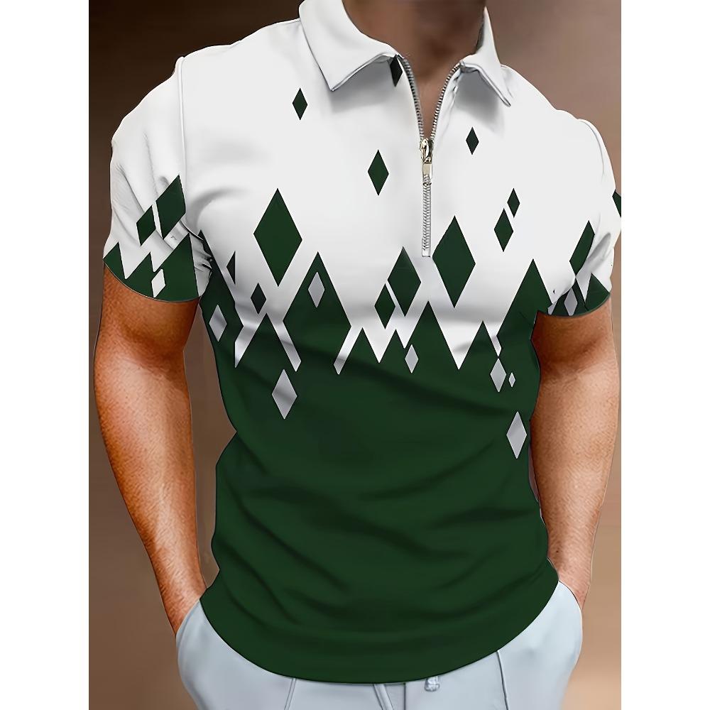 Summer New Men's Zipper Short Sleeved POLO Shirt with 3D Checkered Print