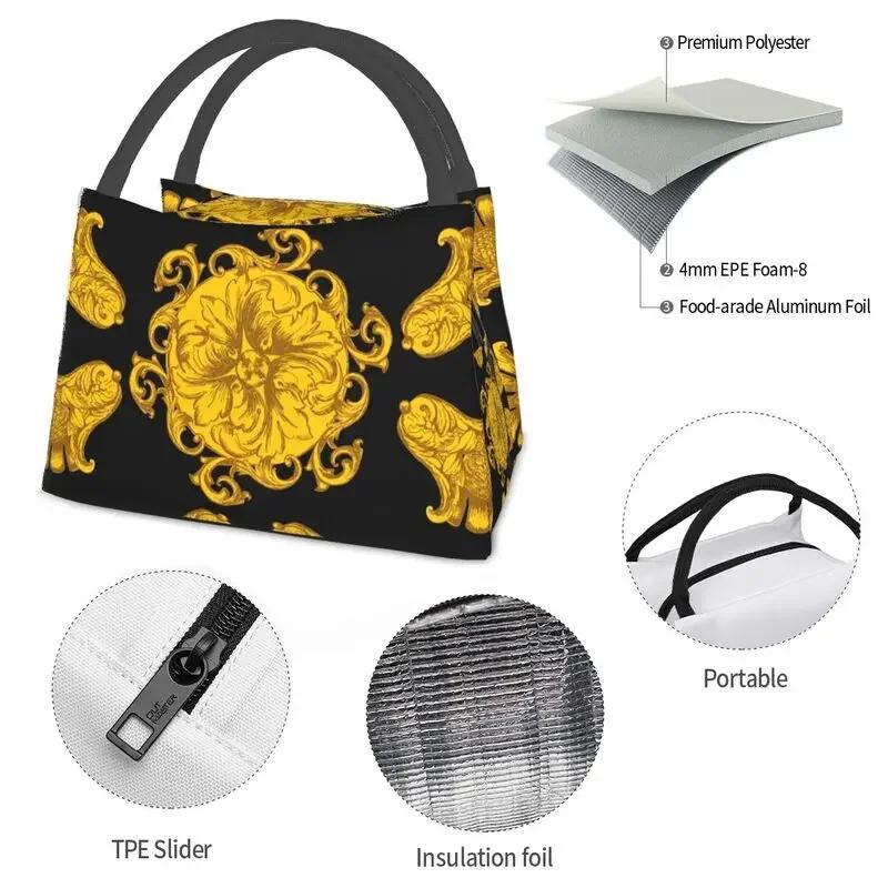 Golden Baroque Fashion Seamless Pattern Insulated Lunch Bags for Women Waterproof Cooler Thermal Bento Box Work Picnic
