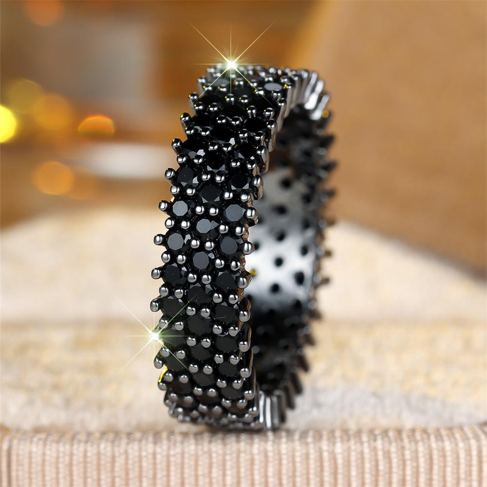 Three Row Black Zircon Tiny Round Stone Rings For Women Vintage Black Metal Engagement Ring Wedding Jewelry Bridal Birthday Gift