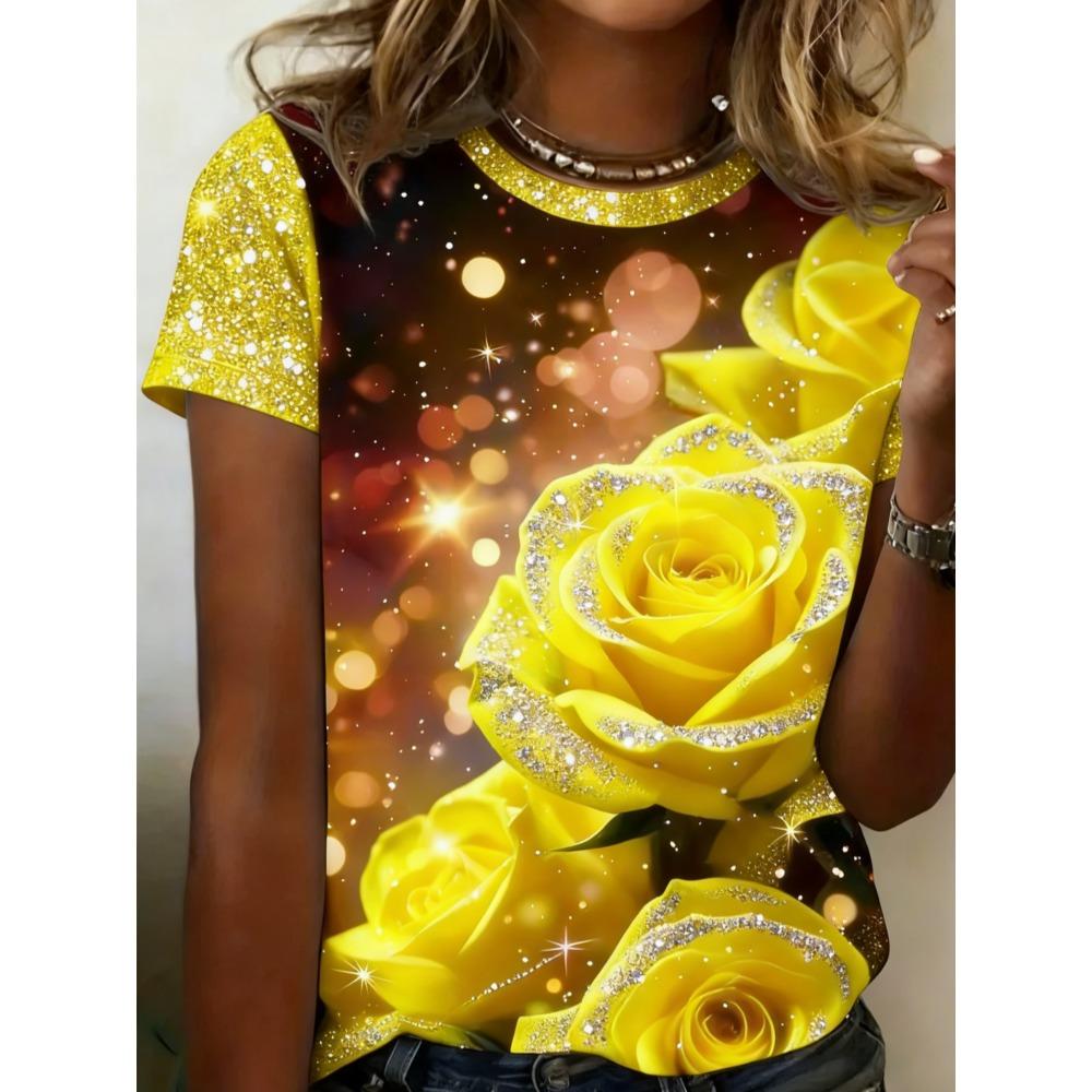 Damer Sommar Blommor Enkel Rosmönstrad Stor Lös Casual T-shirt Trendig Bekväm Mjuk Andningsbar Kortärmad T-shirt