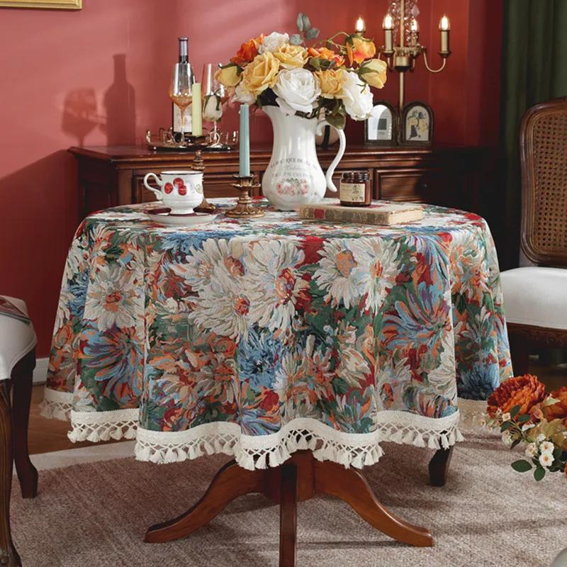 

American Vintage Jacquard Round Tablecloth Flower Pattern Yarn-Dyed Cross Tassel Table Decoration Cloth Tablecloths Decor Home Diameter120CM