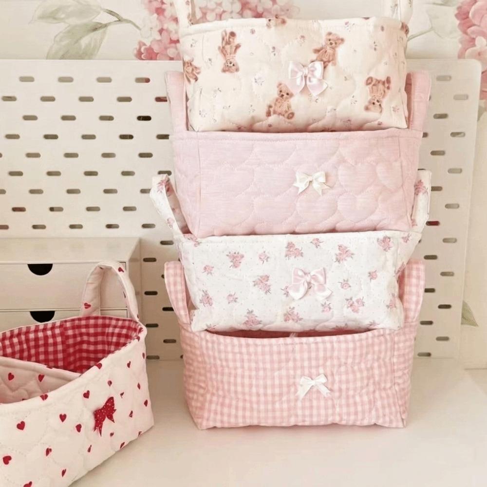 Cotton Small Quilted Storage Basket Folding Floral Bow Storage Basket  Dresser